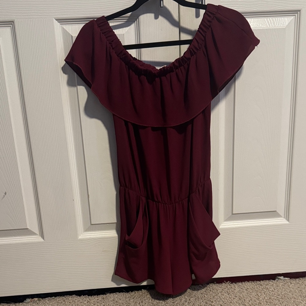 Tyche Burgundy Off-Shoulder Romper